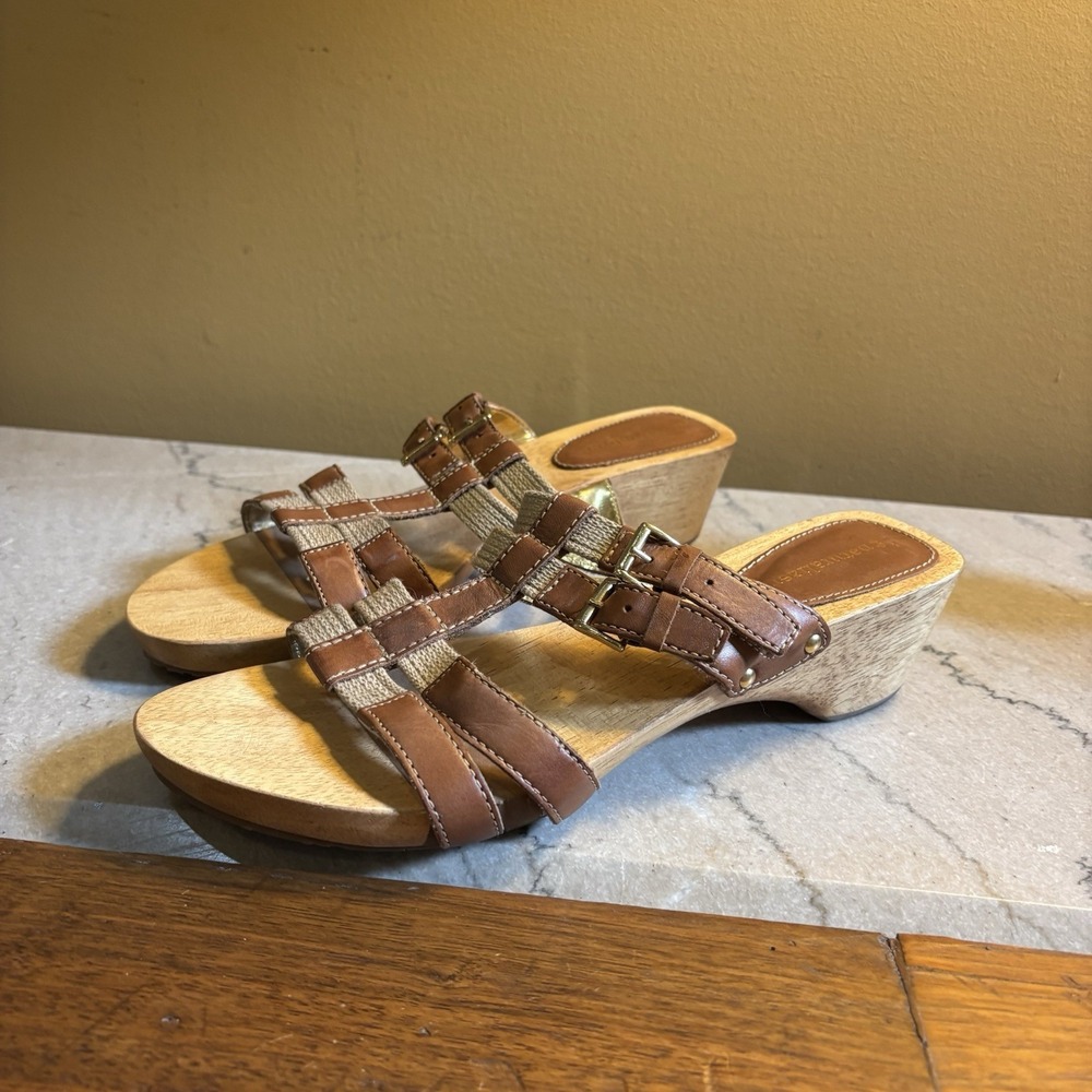 Naturalizer‎ Athina Sandals Women Size 9 Brown Wood Soles Slip-On Slide T-Strap
